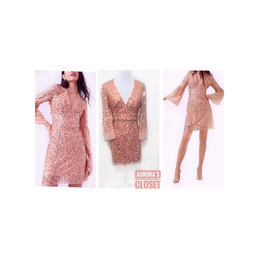 French Connection 6 Rose Gold Sequin Mini Dress Bell Sleeve Mesh Celliene NWT